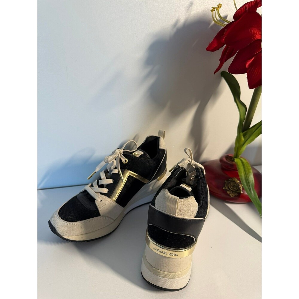 Michael Kors Womens Sneakers Size 7 Black Beige Gold Trainer Fashion Shoes - Picture 2 of 11